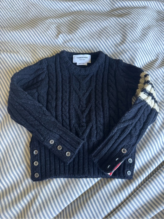 Thom Browne Other - Thom Browne Navy Cable Knit Crewneck Sweater with Cream & Black Sleeve Detail